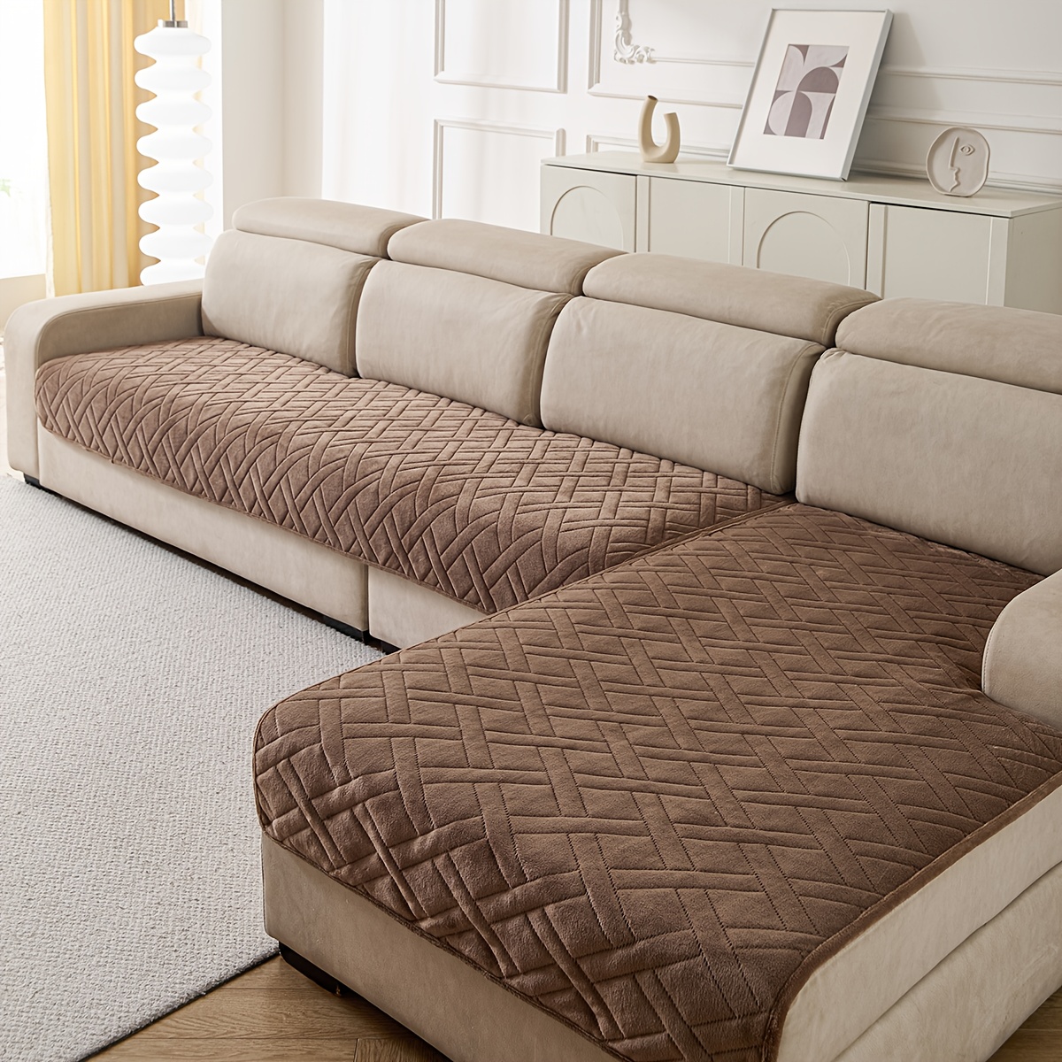 TEMU 2pcs Bohemian Ultrasonic Jacquard Plush Sofa Covers Soft Plush Fabric Non Slip Suitable For Easy Washable Fits 3 4 Seat And Sectional Sofas