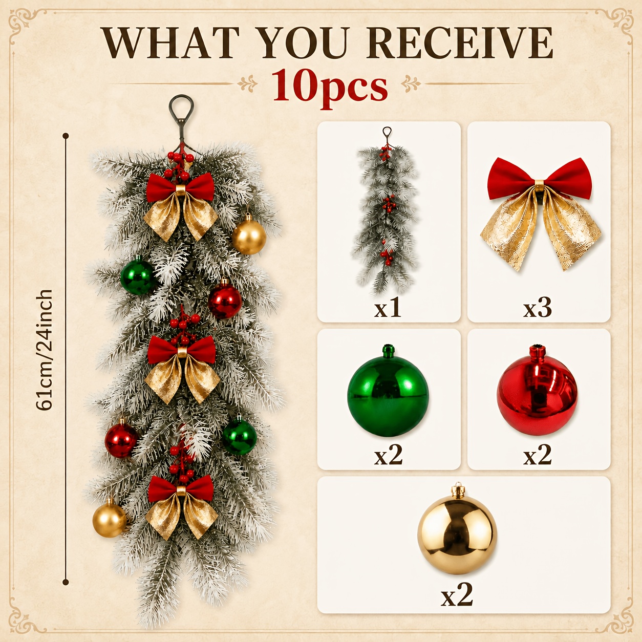 TEMU Large Christmas Ornament Artificial Pine Branch [with 2 Red, 2 Golden, Balls, 3pcs Red Bows, 1pc Gray- Cone Pine Branch] Suitable For Christmas
