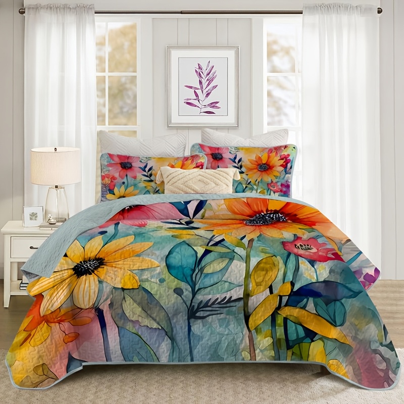 

Vibrant Floral Quilt Set - Cozy & Lightweight, Hypoallergenic Watercolor With 1 Quilt + 1/2 Pillowcases (no Filler), Skin-friendly Bedding For Bedroom And - In King, Queen, Twin Sizes