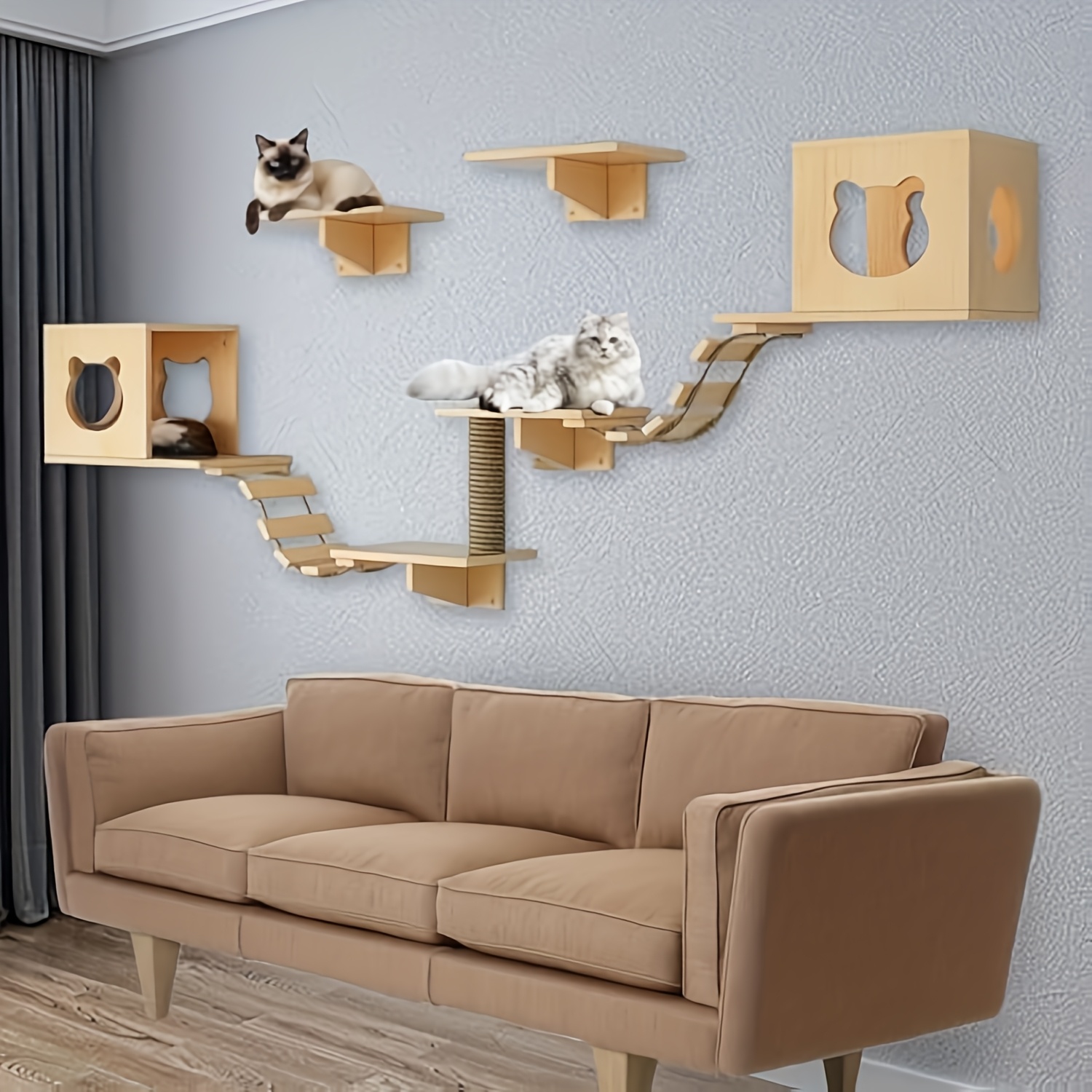 Image of Cat Climbing Wall, Wall-mounted Cat Climbing Wall Set, Wooden Cat Bed, Scratching Post, Cat Bridge, Wall-mounted Xxl (9pcs Cat Climbing Wall Set)