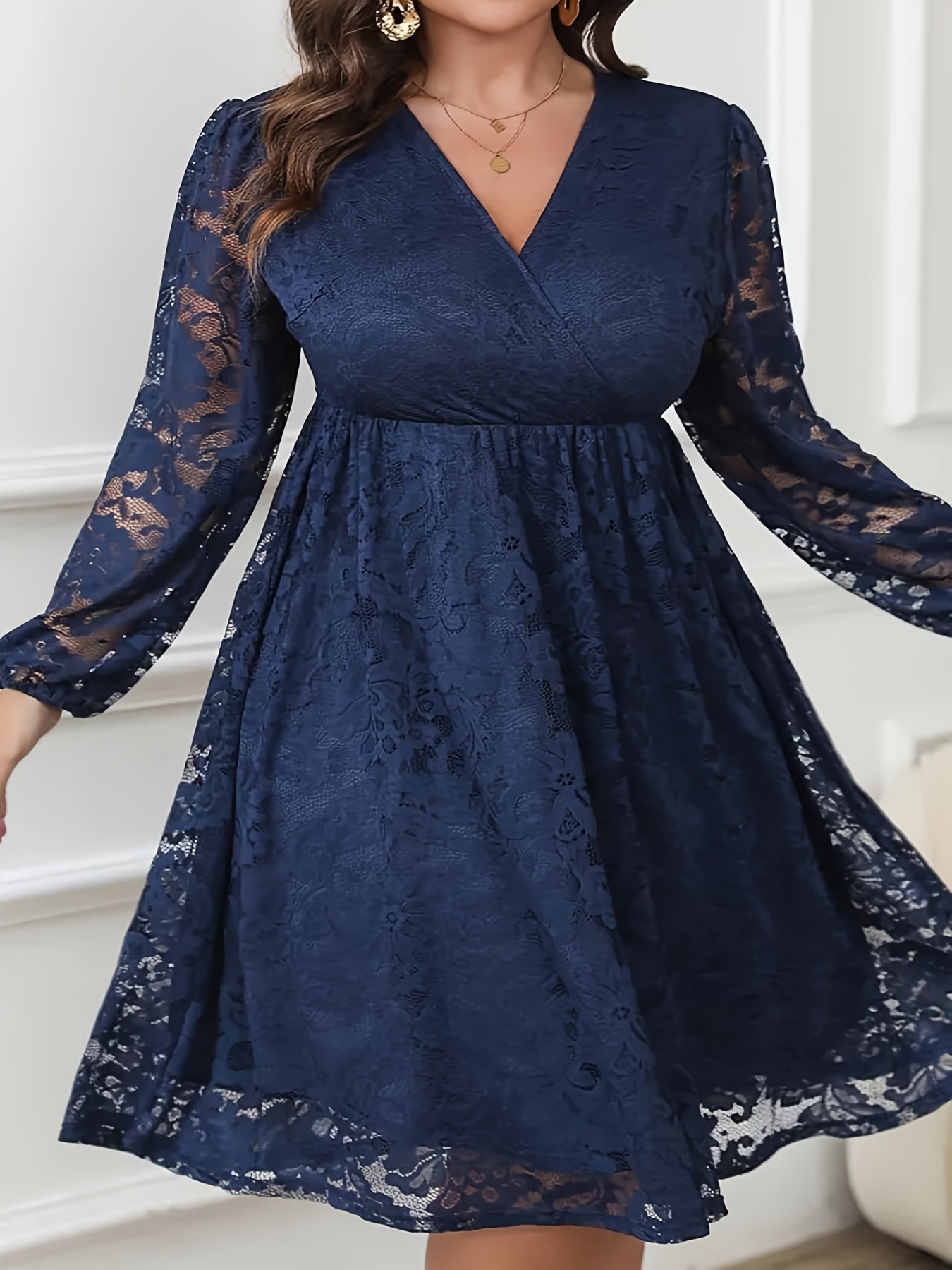 plus size womens elegant v neck lace sleeve a line dress Temu