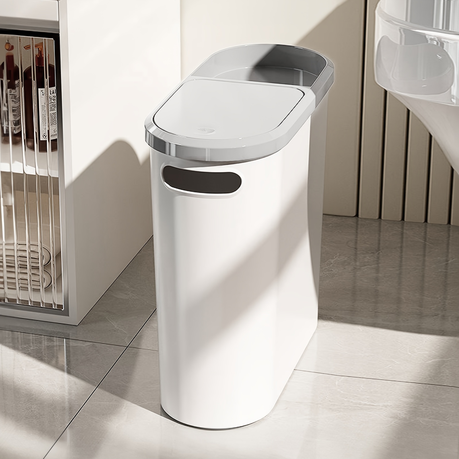 

1pc Bathroom Trash Can, Compact And Plastic Wastebasket With Built-in Handles, Easy To Clean, Rustproof, Space-saving Design, Ideal For Small Spaces In Bathroom, Laundry, And Home Office