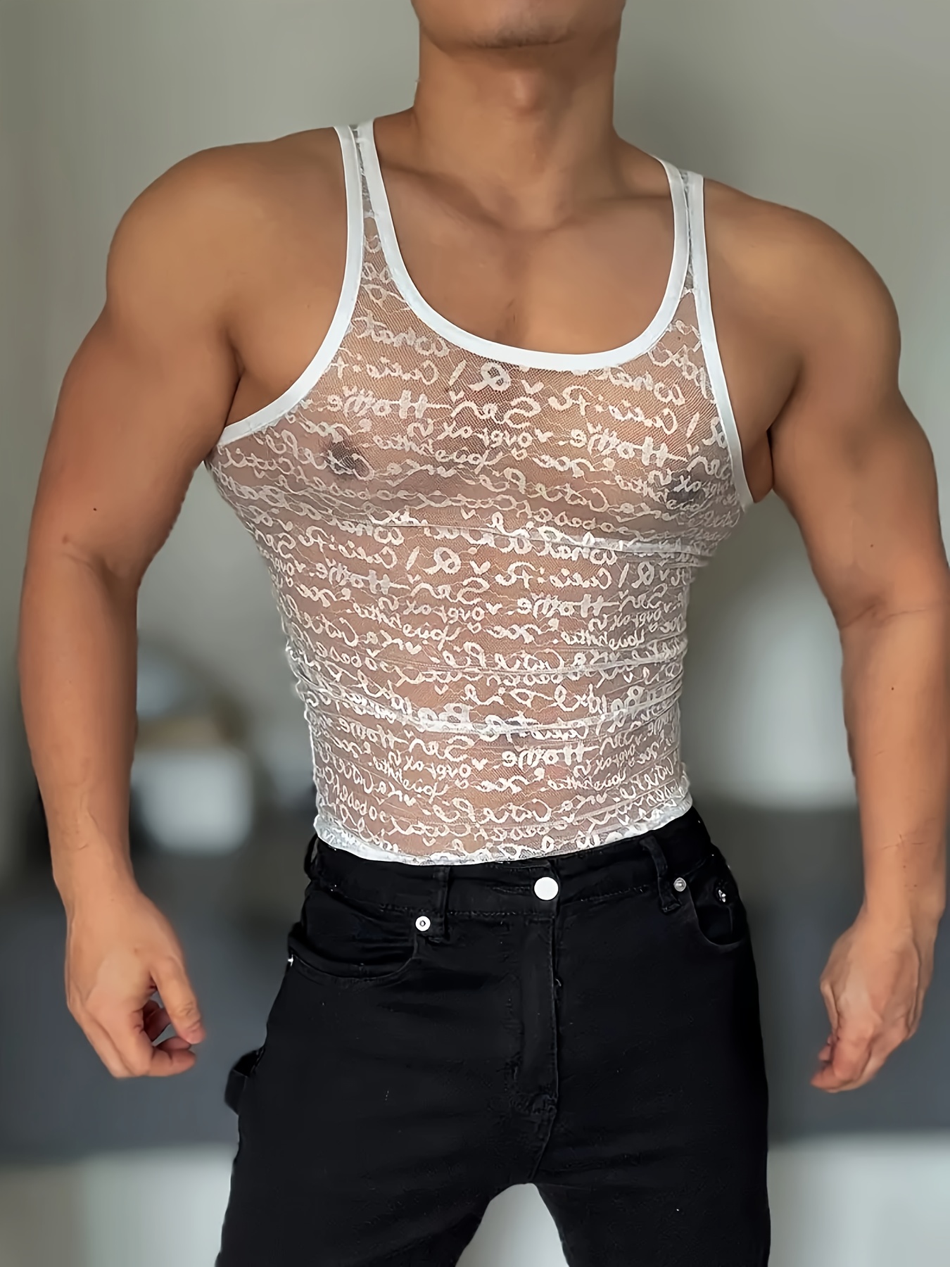 mens stylish letter print tank top casual off shoulder breathable summer vest with medium stretch fabric skinny   for casual attire casual attire top letter print top stretchable fabric