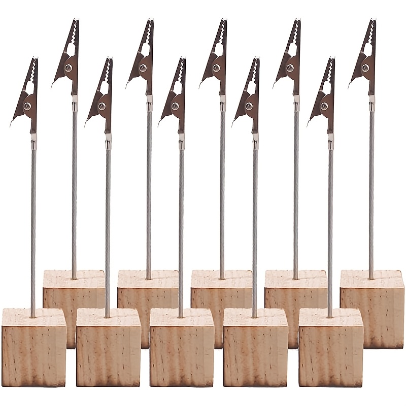 TEMU 10pcs Card Holders With Clips And Wooden Stand, Table Photo Clip Stand, Rustic Wooden Table Number Holder With Memo Clips For Wedding Party Name
