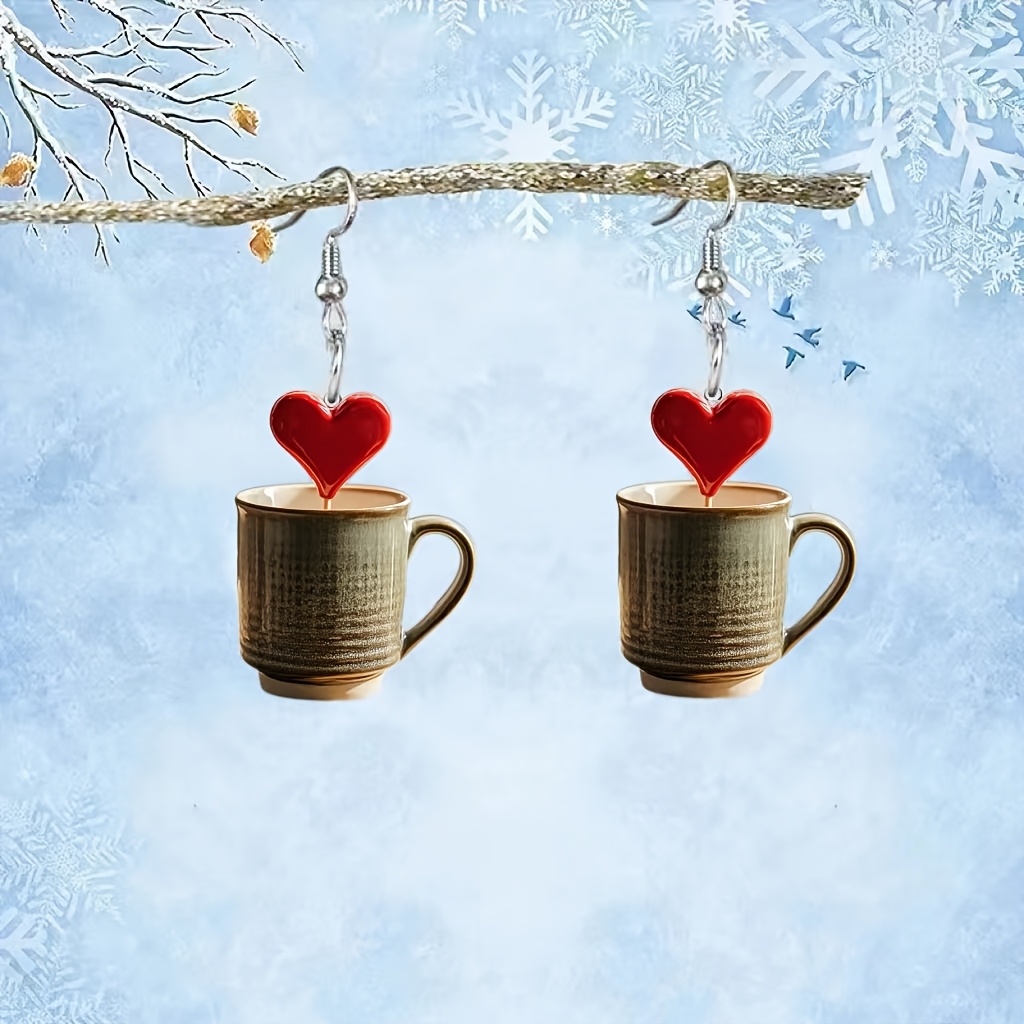 

Chic Acrylic Christmas Coffee Cup Earrings - Perfect Valentine's Day Gift, Fashionable Women's Dangle Earrings With Unique Charm, Cartoon For And Party Decor, 2d, Daily , Gift