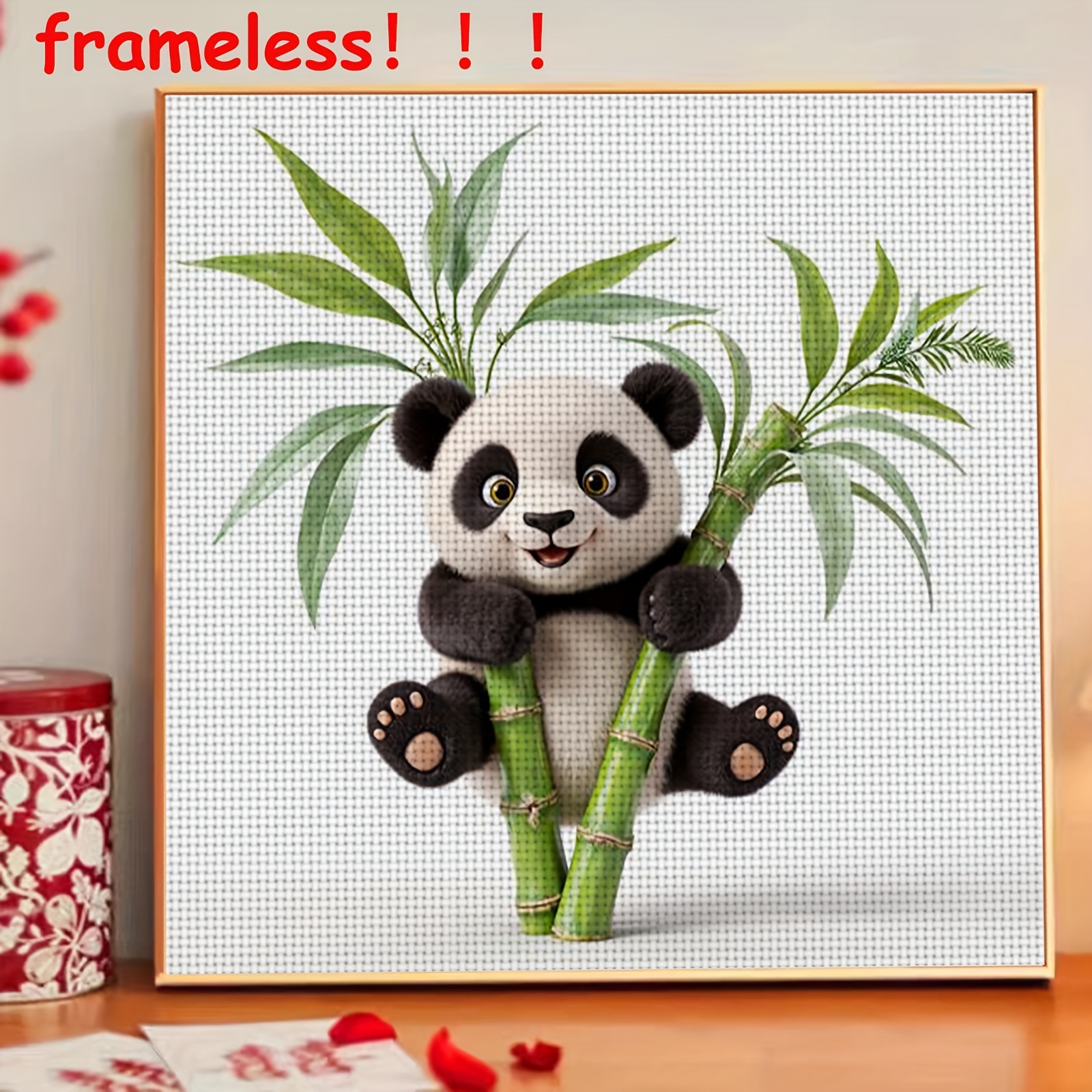 TEMU 1 Kit de Broderie DIY Panda & Bambou - Ensemble Complet de Broderie à avec Tissu, Fils & Aiguilles, Design de Panda Tenant un Bambou,