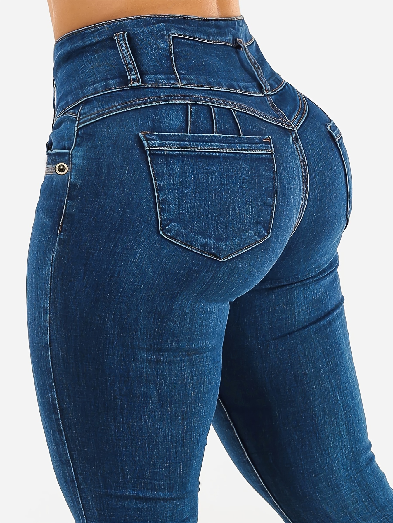 1pc Women'S High-Waisted Skinny Jeans, Vintage-Inspired Ripped Denim with  Pockets, Casual Solid Color Woven Fabric, Button an