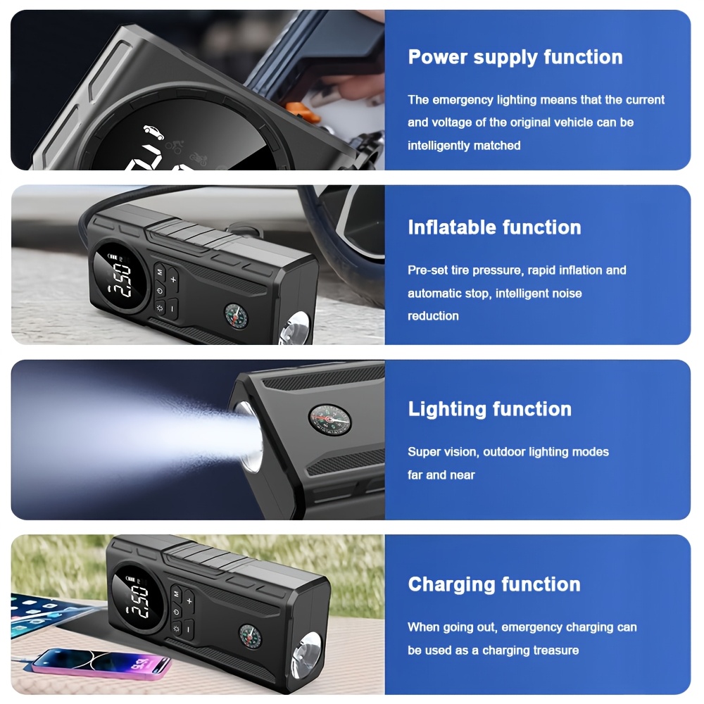 5 in 1 portable car jump starter kit with air compressor tire inflator led flashlight power bank 3   flashlight lcd display wireless emergency battery charger for on the go   Product details 4