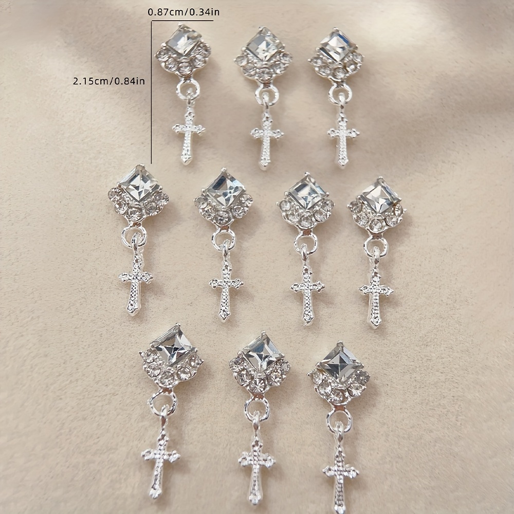 Image of Set Of 10 Alloy Square Cross Nail Charms, Including Rhinestones And Decorations For Nail Art, Gems, And Supplies
