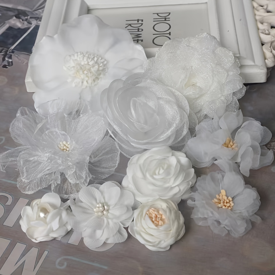 

10-piece White Floral Lace Fabric Flower Set For Wedding Decor, Artificial Chiffon For Dresses And Hat Embellishments