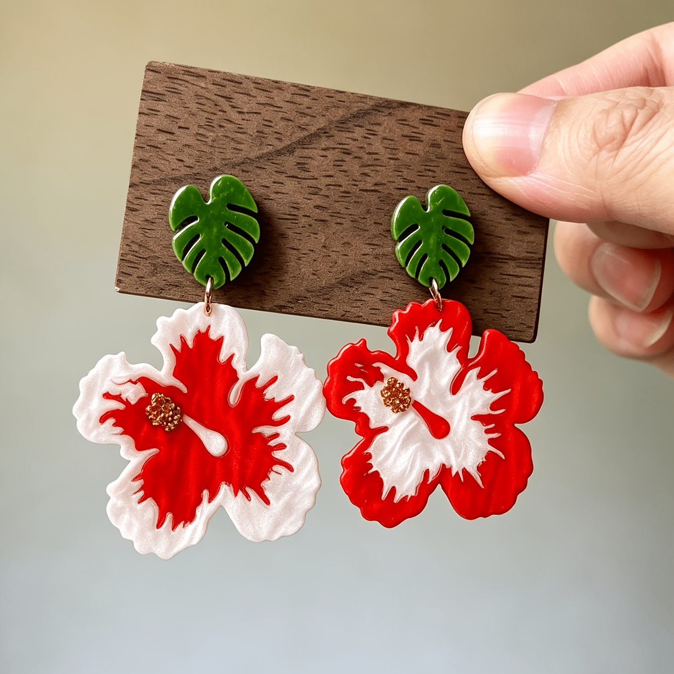 TEMU Handmade Shiny Acrylic Earrings, Funny Cute Statement Earrings, Creative Earrings Featuring Monstera Leaf And Hibiscus Flower Gradient, Drop