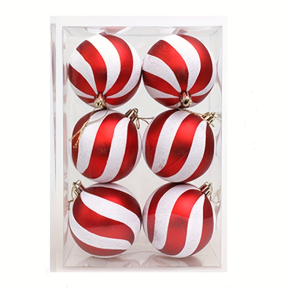 Striped Christmas Balls 6pcs Plastic Ornament Hanging Decorations For Xmas Tree 8cm Painted Baubles