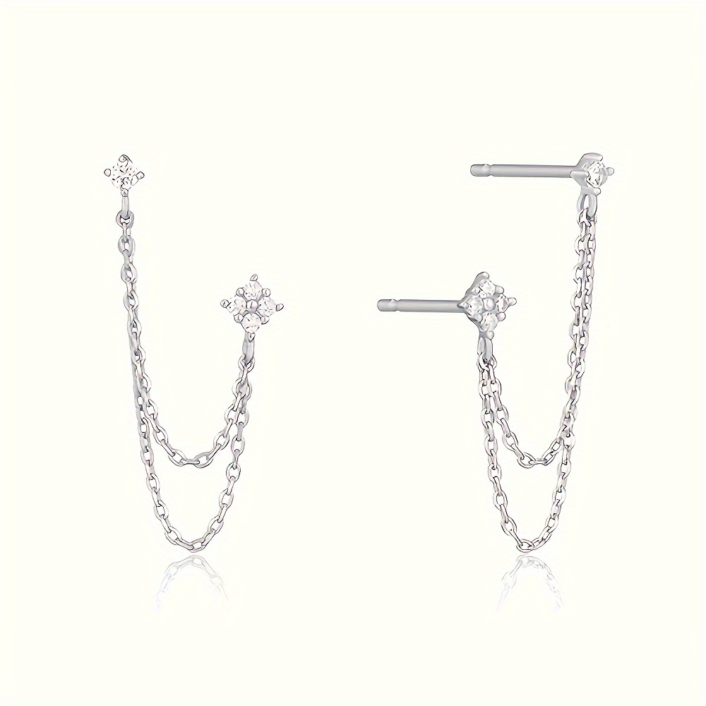 TEMU 1 Pair Women's Fashion Stud Earrings Creative Double Pierced Earrings Inlaid Synthetic Zirconia Chain Stud Earrings Women' Casual Party Elegant