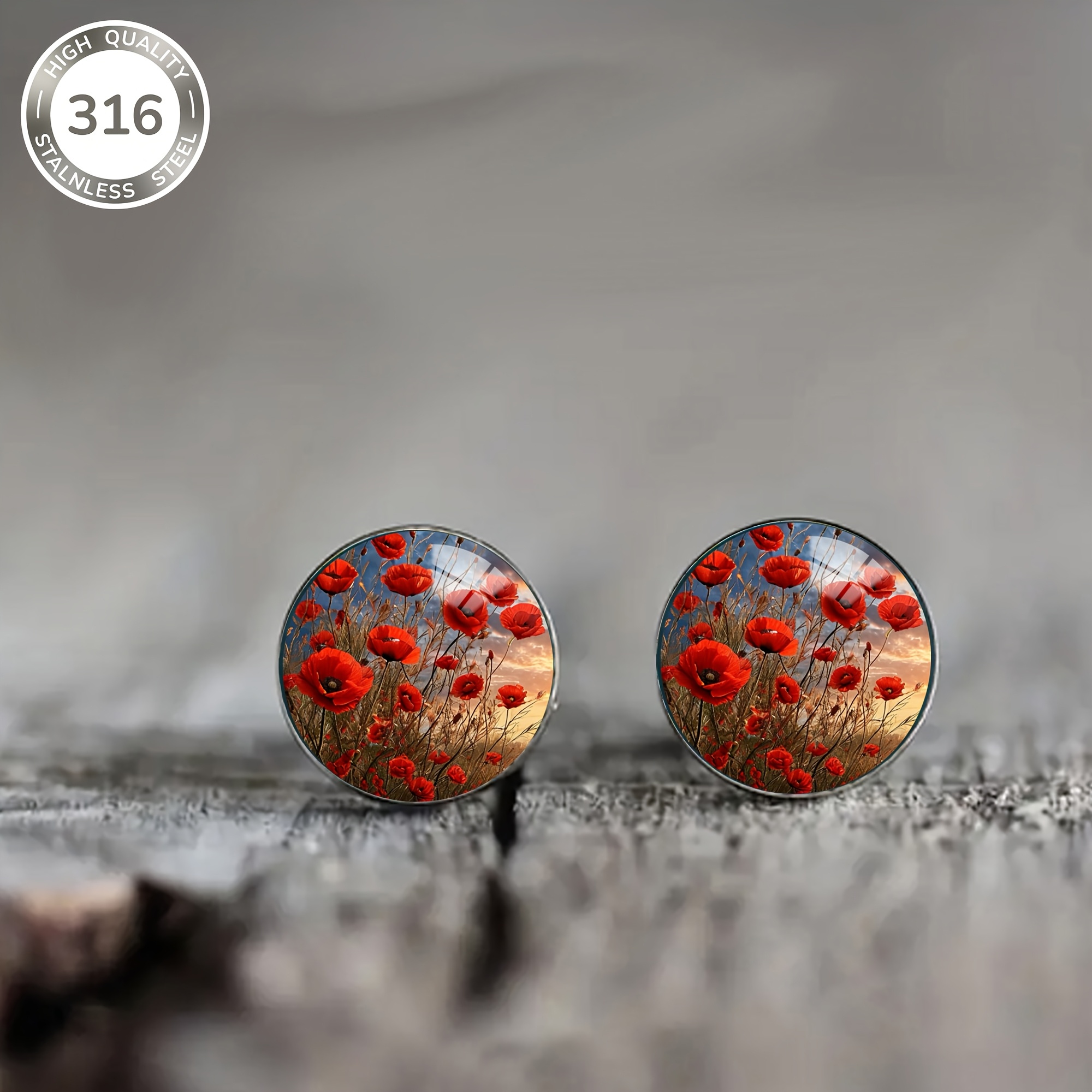 A Pair Of Stainless Steel Earrings Featuring A Pattern Of Red Flowers, Designed Elegant And , Suitable For Daily Wear Or Parties For Men And Women, Perfect As A Valentine's Gift