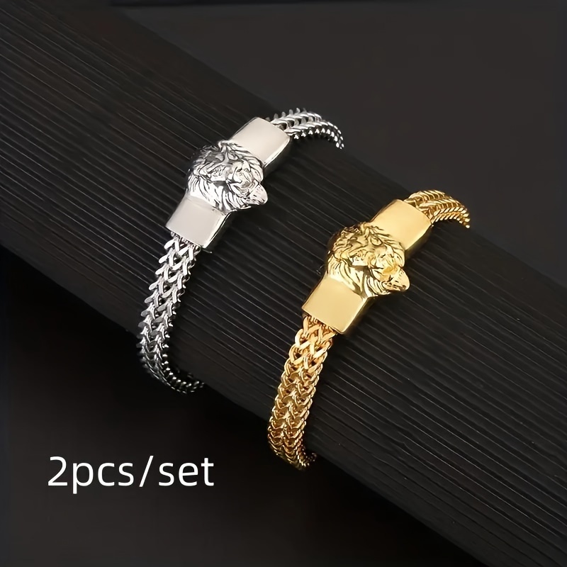 

2pcs/set Domineering Lion Head Bracelet Stainless Steel Braided Animal Bracelet For Men Fashion Punk Hip Hop Rock Party Accessories Gift