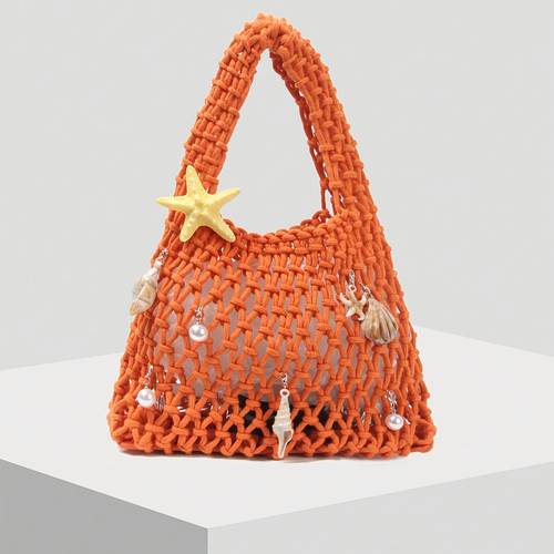 single pack polyester thread crochet mesh eyelid base fabric multi color solid rope woven tote bag argyle lightweight portable large capacity quilted bag beach bag for women beginners office workers teacher gift teacher giveaway