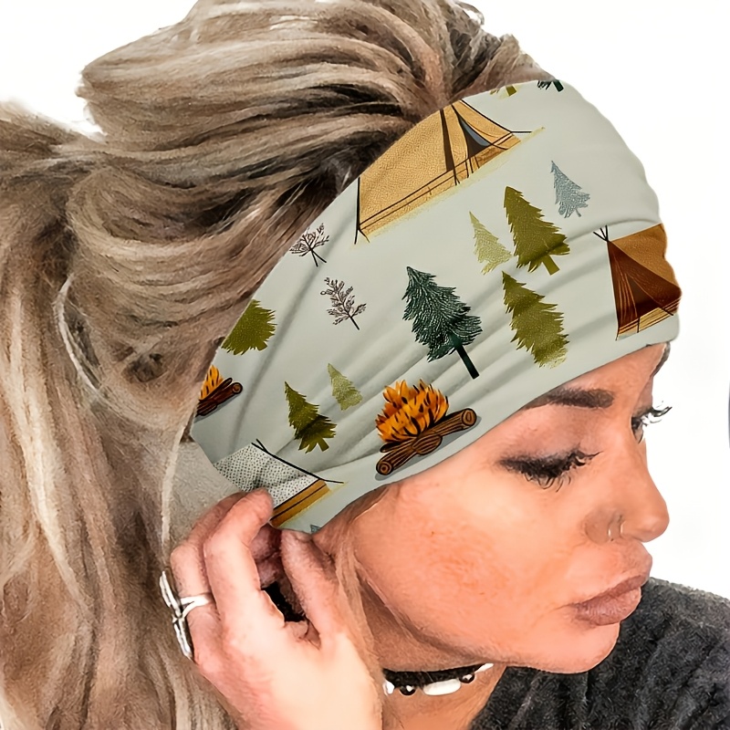 TEMU 2d Flat, Camping Tent And Bonfire Forest Print Headband, Yoga / Gym / Running / Cycling, Travel / Beach, Non-slip / Sweat-absorbent / Elastic /