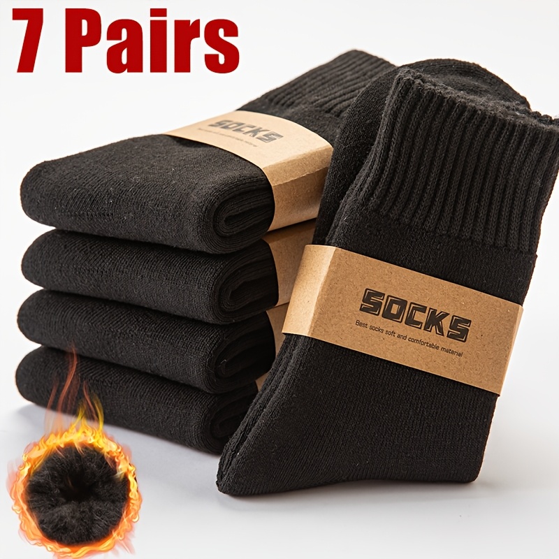 TEMU 7 Pairs Men's Black Winter Fleece Warm Socks Thick Plush Socks Cold-resistant Warm Socks Mountaineering Socks Winter Thick Socks Fluffy Socks