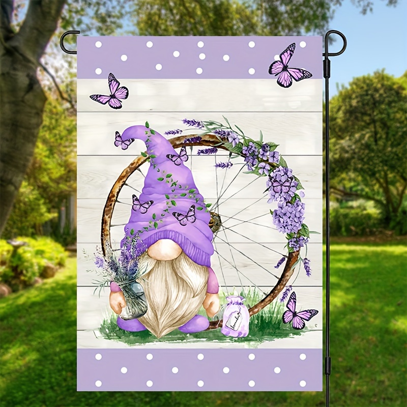 

1pc, Lavender Gnomes Spring Garden Flag, Purple Butterfly Print Double Sided Waterproof Yard Flag, Spring Art Outdoor Decorations, Spring Lawn Flag Spring Porch Sign, Lawn Decor, Patio Decor 12*18inch