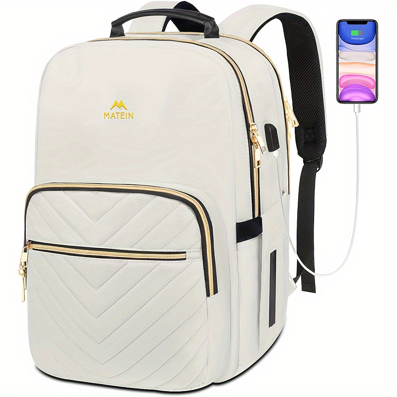 

Travel Laptop Backpack, Anti Theft Quilted Slim Backpacks For Women With Rfid Pockets & Detachable Keychain Hook, Teacher Doctor Nurse Carry On Bags Purse Fits 15.6 Inch Notebook, White Matein