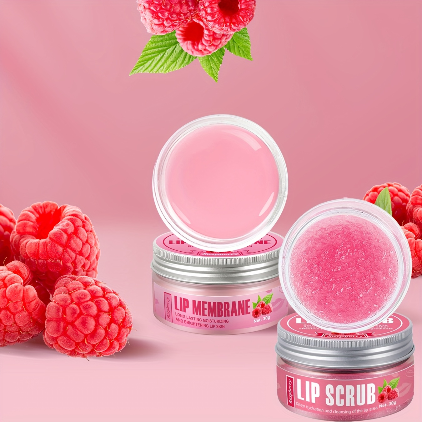 2pcs lip care set raspberry lip scrub 30g deep clean lip balm moisturizing hydrating glossy   lips womens   lip care gift set Product details 0