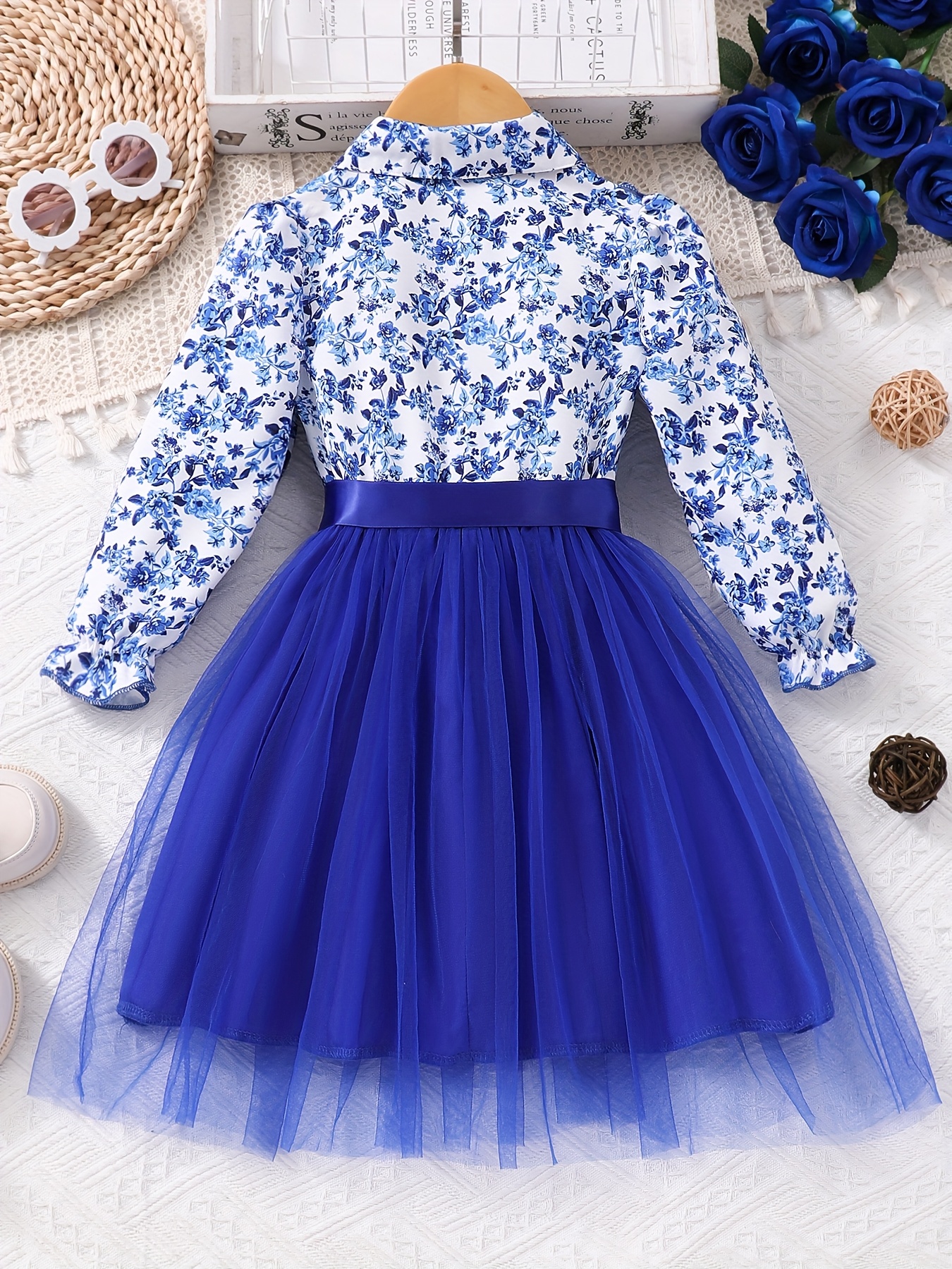 Elegant Floral Print Long Sleeve Dress with Belt - Mint Green Turned-Collar, Tulle Skirt, Perfect for Fall/Winter, Toddler Fashion, Toddler Fashion Outfit | Floral Print Dress | Glossy Fabric, Floral Print Blouse