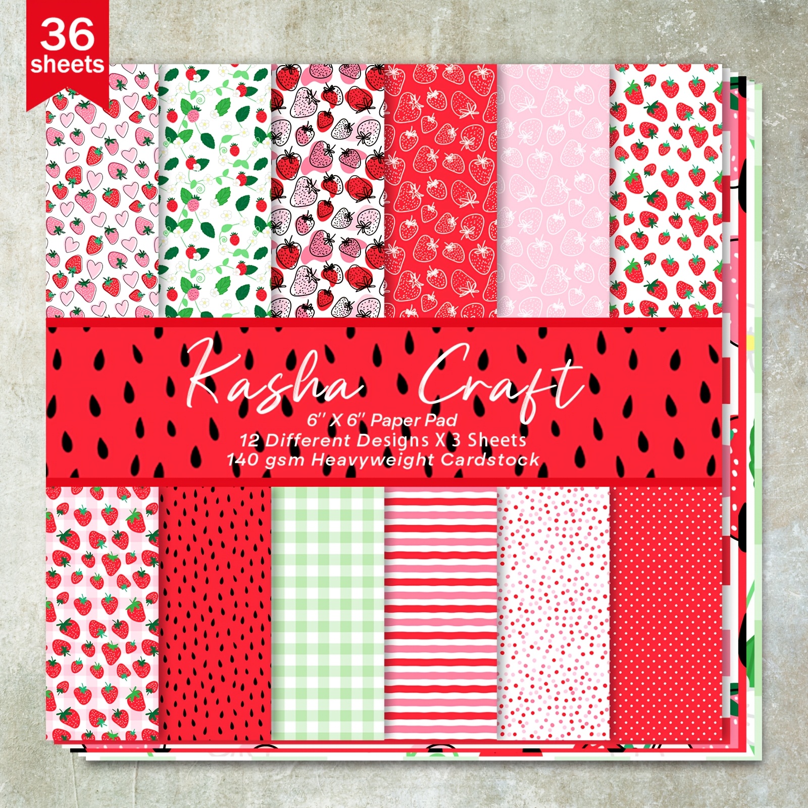 

36 Sheets 6x6 Inch Strawberry Paper Pad, Assorted Patterns For Bullet Journals, Collage, Greeting Cards, Albums & Crafts, 120gsm Heavyweight Cardstock