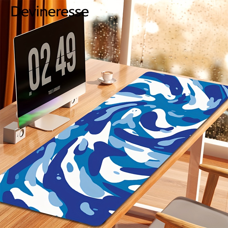 

White And Blue Swirl Large Mouse Pad Desk Mat Desk Accessories For Women Man Office Decor Laptop Keyboard Mouse Mat Xxl Mousepad 35.4''x15.7'' Non-slip Rubber Base With Stitched Edges