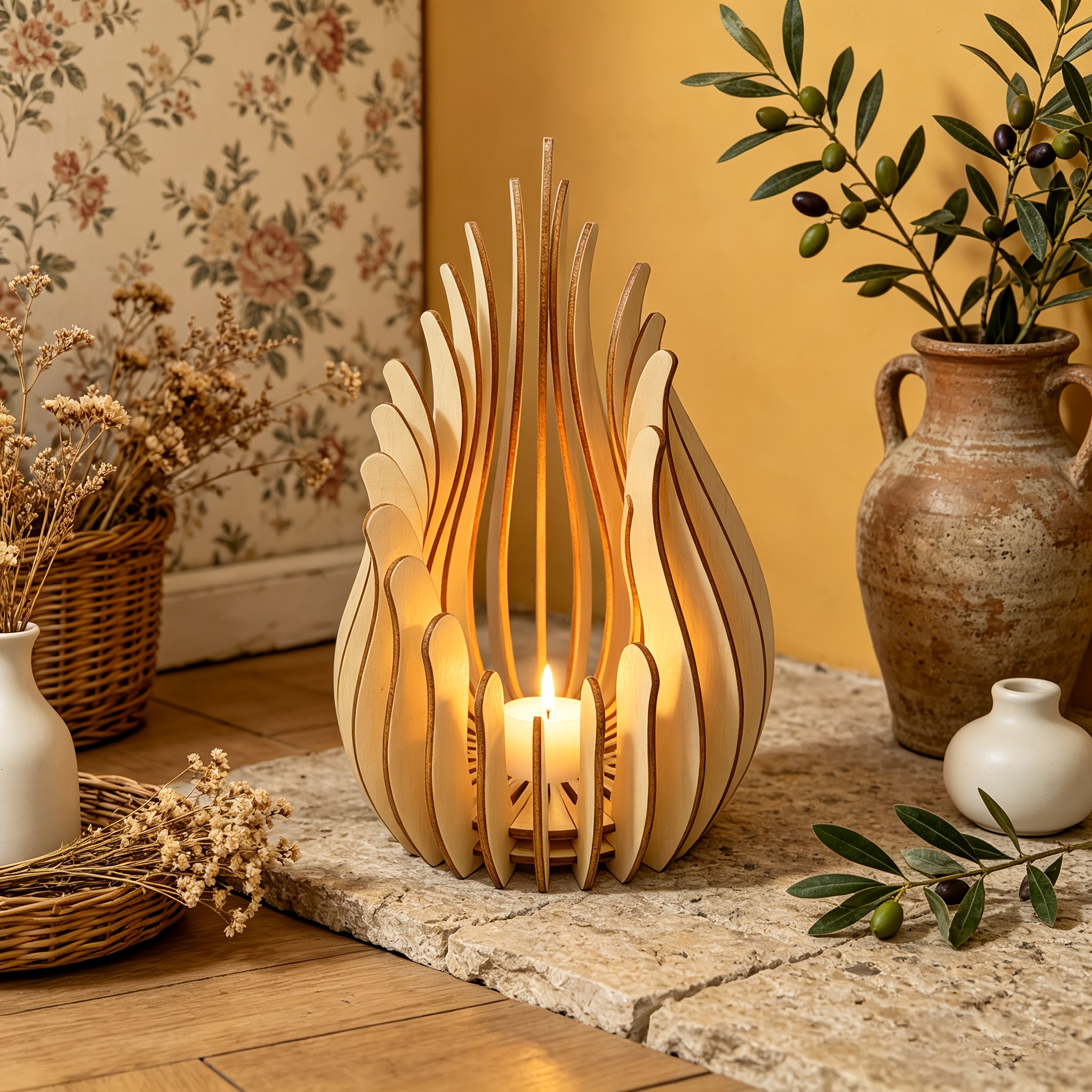 3 teiliges set holz flammenförmige kerzenständer hohle
