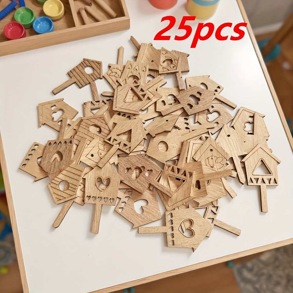 Image of 25pcs 3x5cm Natural House Pattern Wooden Board Insert Ornaments Flowerpot Card Supplies Wood Crafts Home Decor Arts Birdcage Shape Wooden