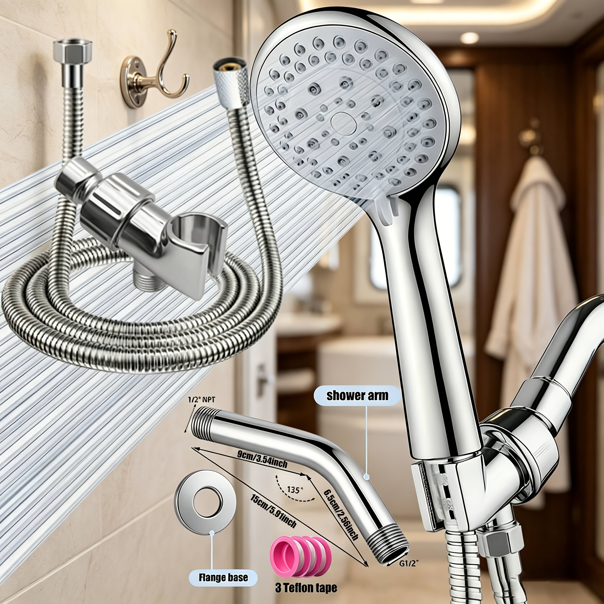 7pcs Adjustable RV High-Pressure Shower Set with Easy Installation