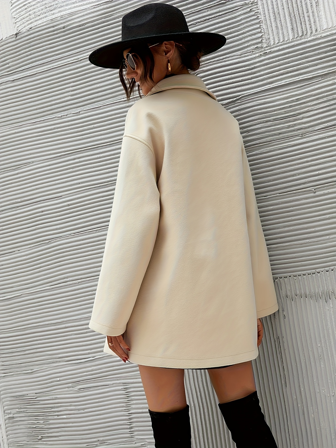 womens elegant winter coat double breasted   silhouette with notch lapel collar   loose fit long sleeve outerwear in navy non stretch fabric for fall winter formal everyday outfits winter coats seasonal fashion Product details 7