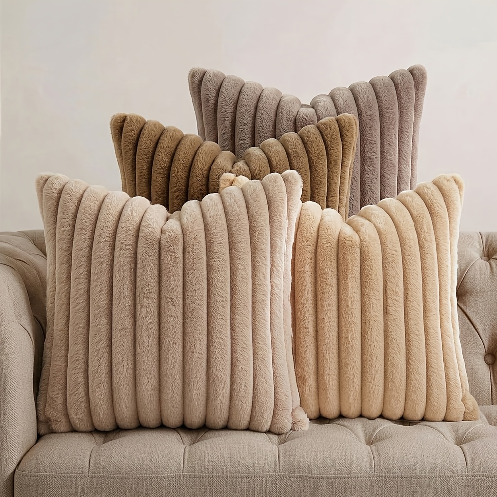 TEMU Lot de 4 housses de coussin JHUA en fausse fourrure pelucheuse pour literie, canapé, voiture, housses de coussin à rayures couleur Morandi avec
