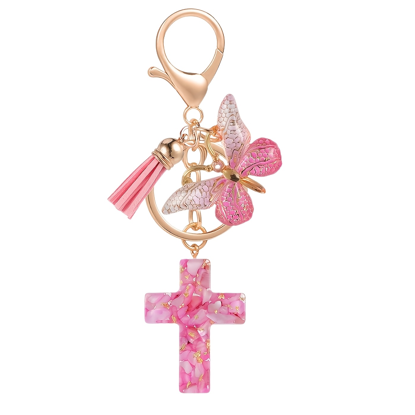 Image of 1pc Cross Keychain Pendants With & Tassel Decor, Versatile Decor Pendants - Fit For Backpacks, Handbags, Keys, Christian Gift | Birthday Gift | Pink And White