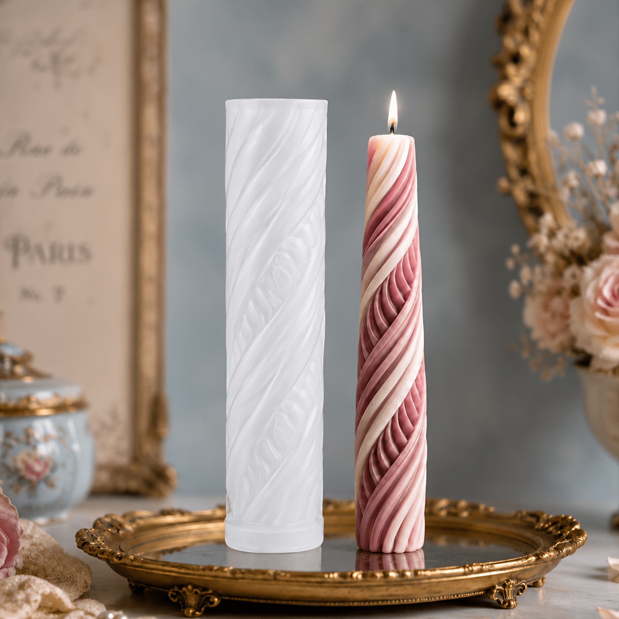 TEMU Candle Mold, Spiral Twisted Cylindrical Silicone Candle Mold, Wavy Conical Shape. Suitable For Making Scented Candles, Gypsum, Resin And Crafts.
