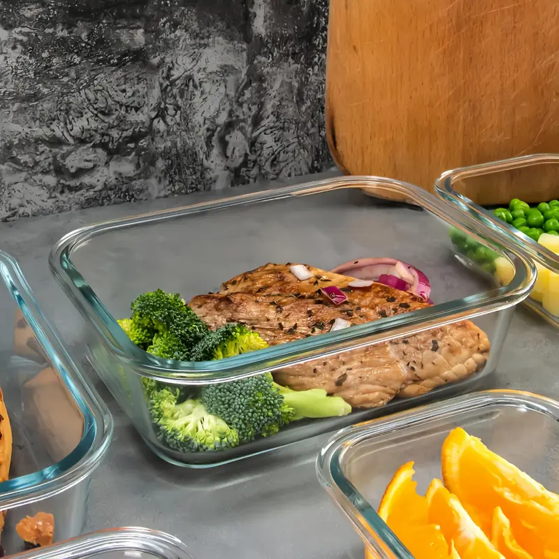 1pc transparent lid rectangular 1040ml with sealed lid high borosilicate thickened glass food storage container leak proof microwave oven and freezer safe built in silicone ring with four sided locking double sealing airtight lid stackable reusable no electricity integrated design easy to clean dead use suitable for home and travel takeaway lunch box Product details 10