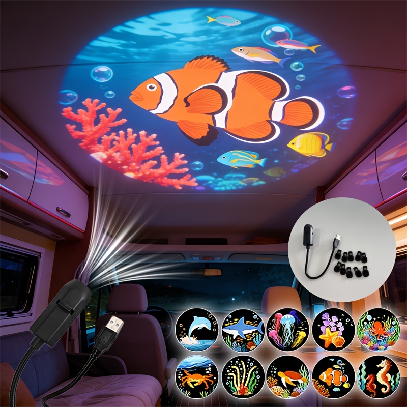 Underwater Theme Ambient Night Light, Featuring 10 Distinct Underwater Scenes, Depicting Marine Creatures. Equipped With A Panoramic Rotating Projection Structure