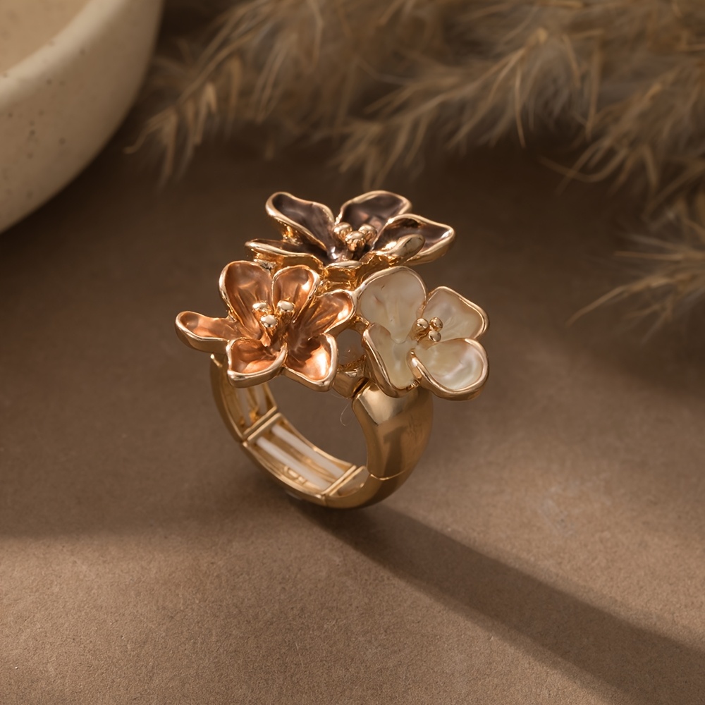 Image of 1pc Fashion Bohemian Elastic Adjustable Ring For Women Spring And Summer New Alloy Thin Coating , Suitable For Daily Dance Party Holiday Mother's Day Graduation Season Jewelry Additions Gift
