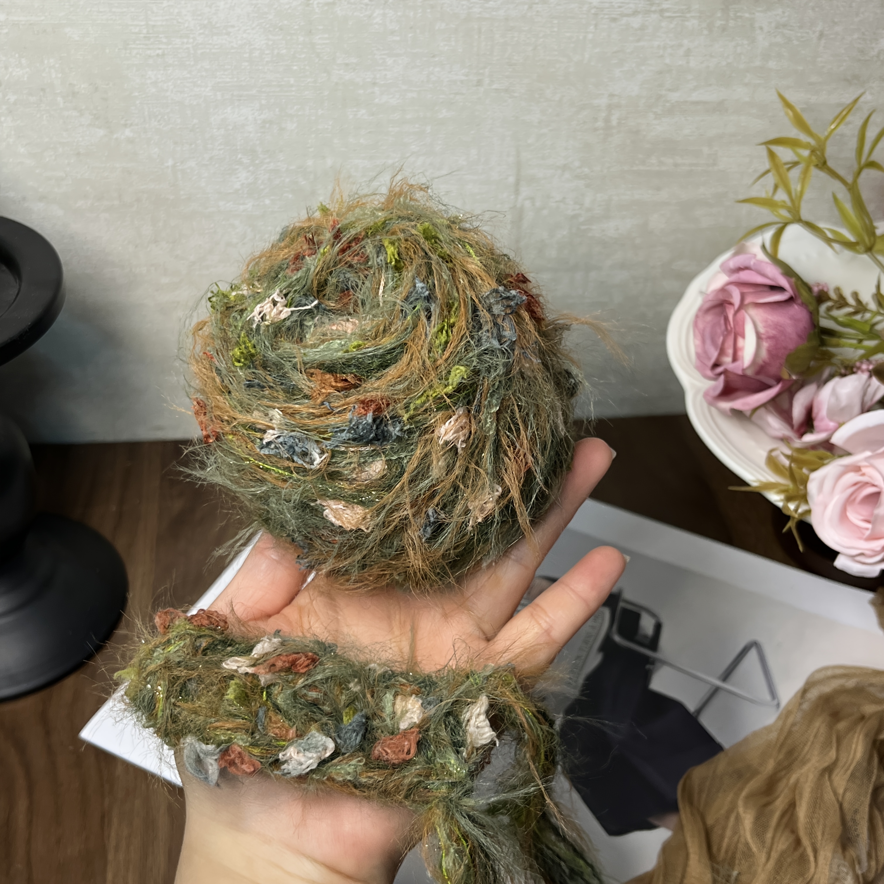 TEMU Vintage Forest-style Green- Hand- Mixed-style Knitted Yarn, Featuring A Fluffy Texture With Small Floral Embellishments And Fine Shimmering .