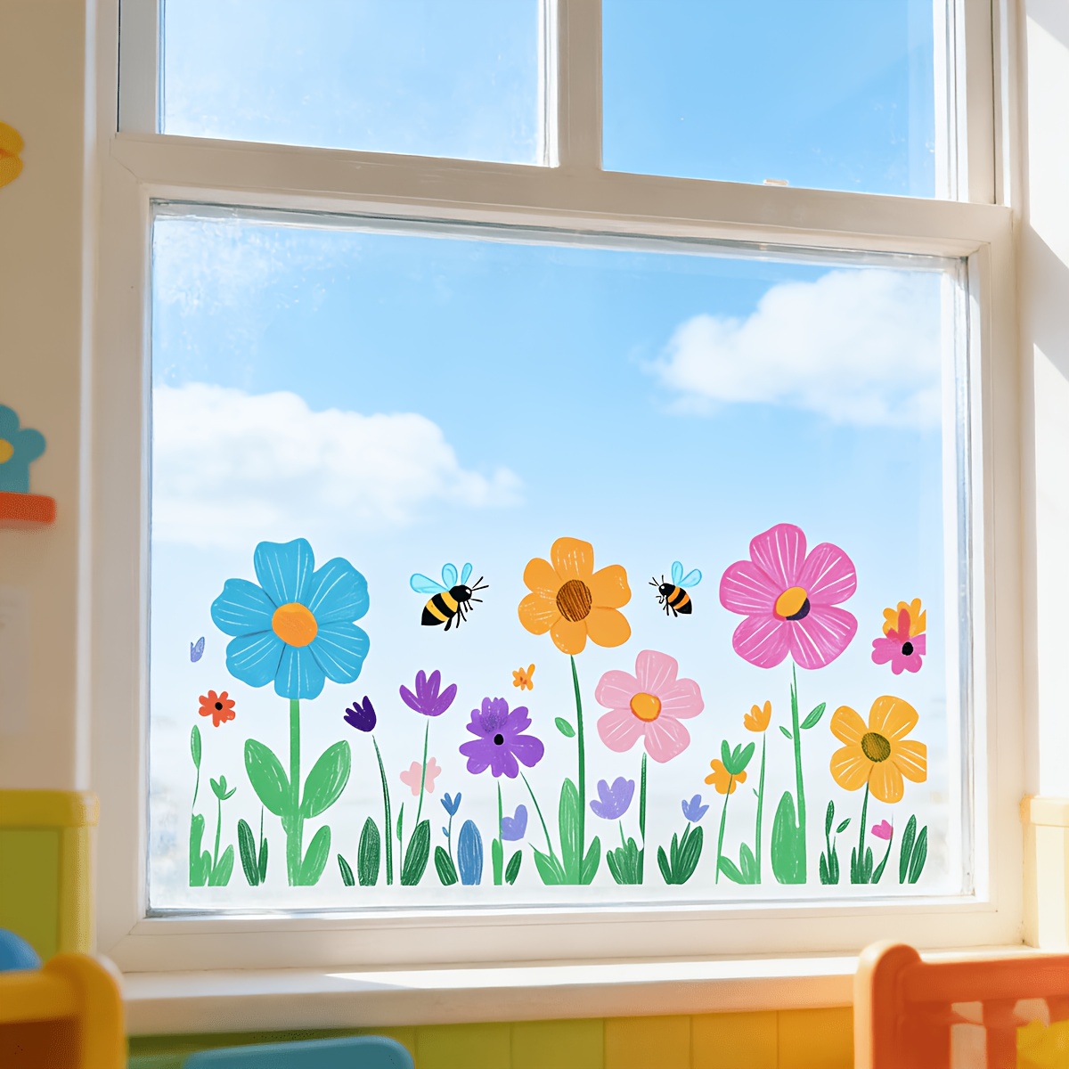 E-shop Buntes Fenster-Set mit Blumen und Bienen, selbstklebende, entfernungs-fähige Cartoon-Blumen-Aufkleber, geeignet für lebendige