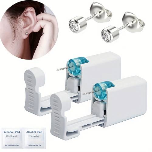 set aus 2/6 ohrlochstechwerkzeugen, inklusive einweg-ohrlochstecher und weißen kristall-ohrringen, für piercing-set für den heim-salon