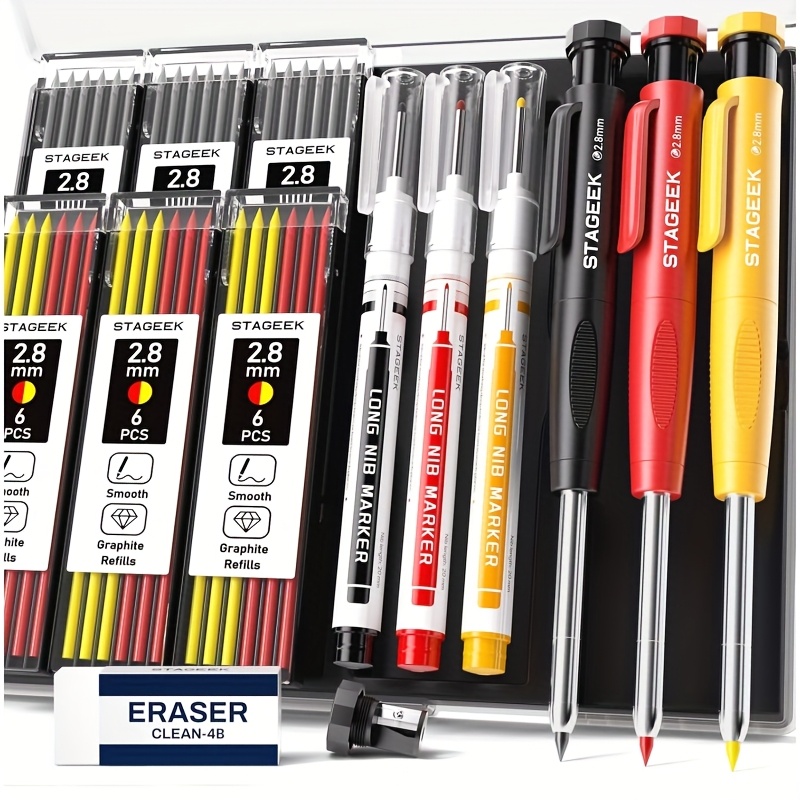 Stgaeek 1pc/2pcs/3pcs Carpenter Pencil Set (with Sharpener), Heavy-duty Mechanical Woodworking Pencils With 2/4/6 Boxes Of Refills, -grade Deep-hole Long-nib Marking Pencils (with Case).