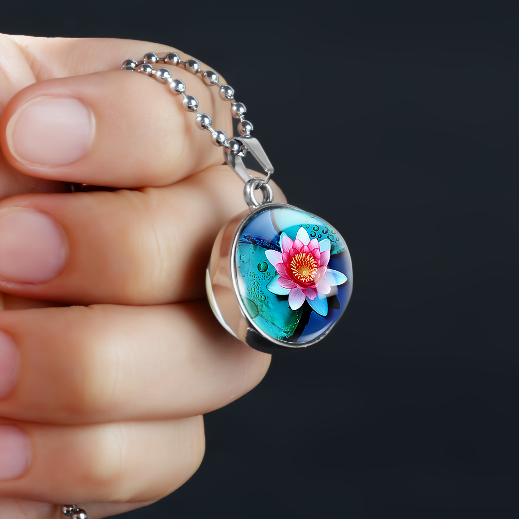 Lotus Flower Double-Sided Spherical Pendant Necklace