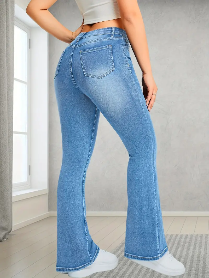 Light Blue Casual Bootcut Jeans Mid stretch Slant Pockets - Temu Germany