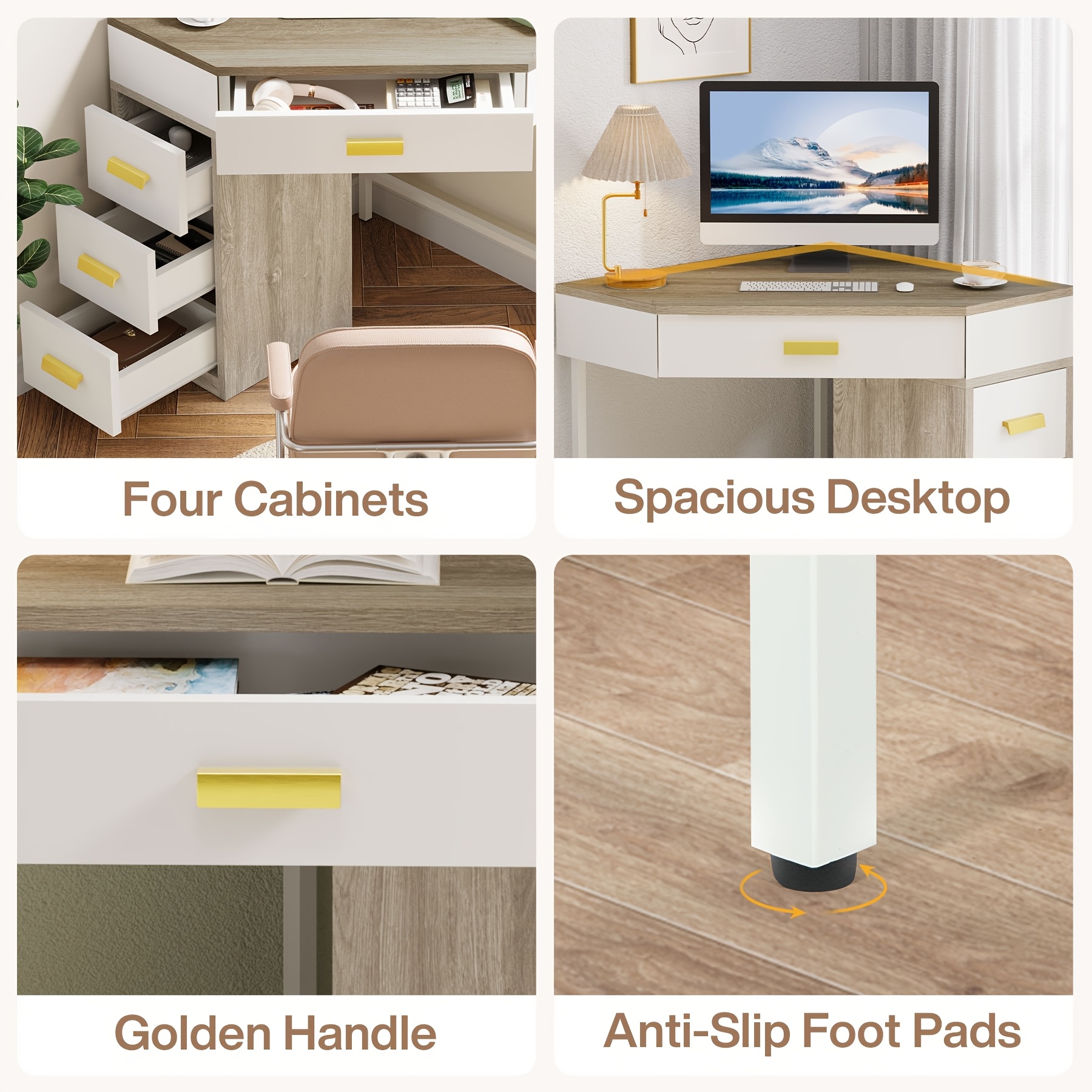 Triangle Corner Desk, Modern Computer Desk With 3 Drawers, 90-Degree Writing Desk PC Table Makeup Vanity Desk With Storage For Home Office, Living Room, Bedroom (White And Grey)