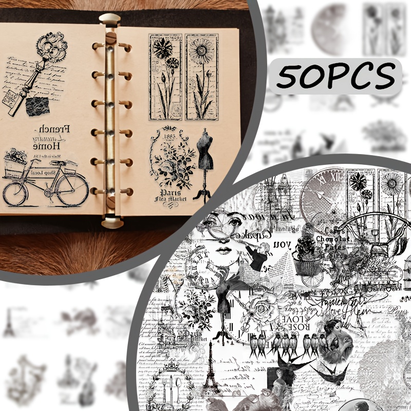 Image of 50pcs Vintage Black And White Pet Transparent Suitable For Phone, Computer, Diy , Journals, Guitar, Water Bottles - Retro Decals, Transparent Adhesive Sheets, , No Residue, 50 Adhesive Tabs