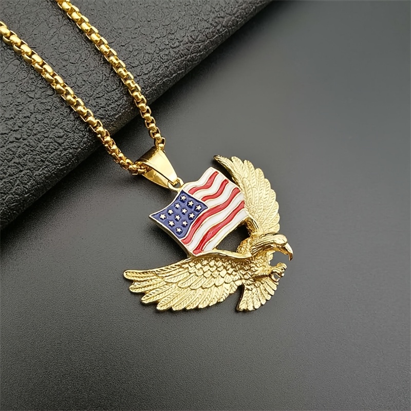 TEMU Trendy Hip-hop American Flag Eagle Pendant Necklace, Men's Golden Domineering Animal Pendant, Fashionable And Versatile Jewelry Accessories