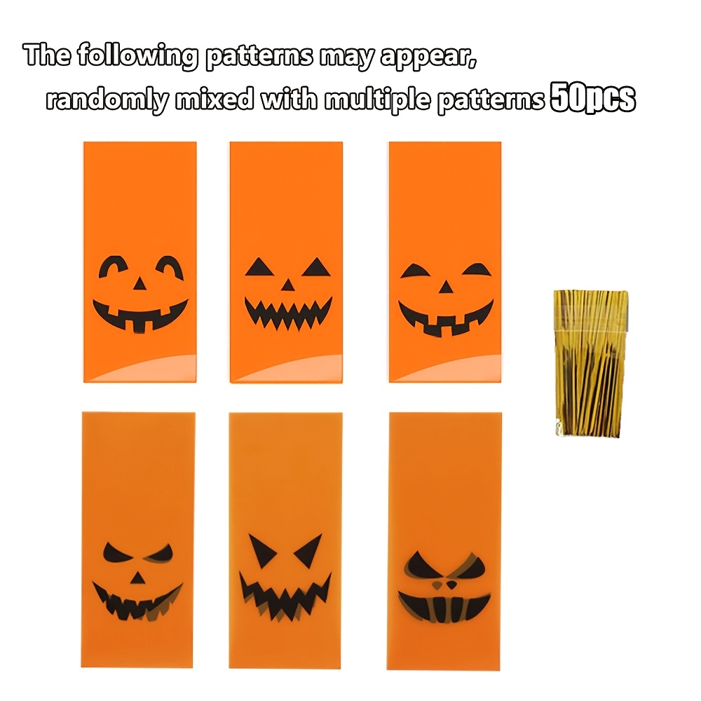 TEMU 50-pack Random Pattern Halloween Monster Smile Black And Orange Flat Bags, Themed Party Decoration Bags, Favor Gift Bags With Twine