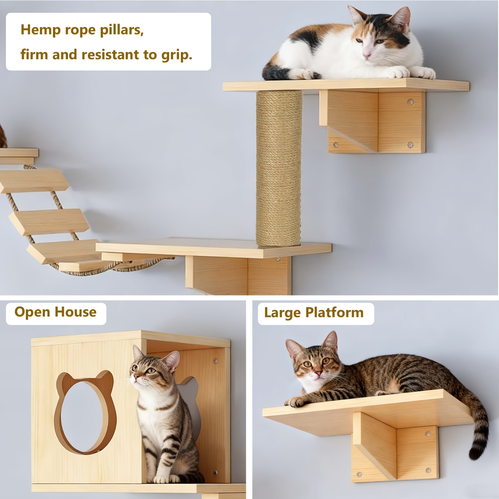 TEMU Wall Mounted Cat Tree Shelves, Wooden Cat Wall Furniture With Cat House, 2 Platform Shelves, Scratching Post & Suspended Ladder, Space Wall Cat
