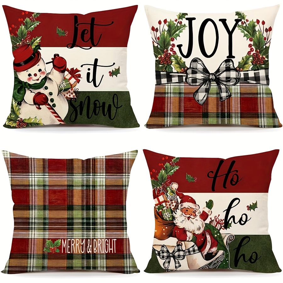 

4 Pack Christmas Throw Pillow Covers, Country- Cushion Cases, Machine Washable Zippered Covers With Snowman, Santa, Holiday Patterns For Home Couch Decor, Seasonal Farmhouse Style